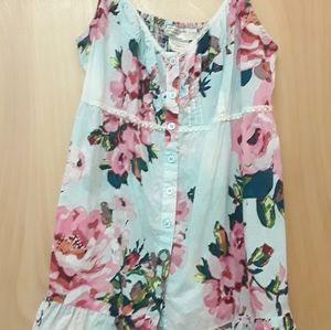 Blue pink button floral tank inked and faded boho